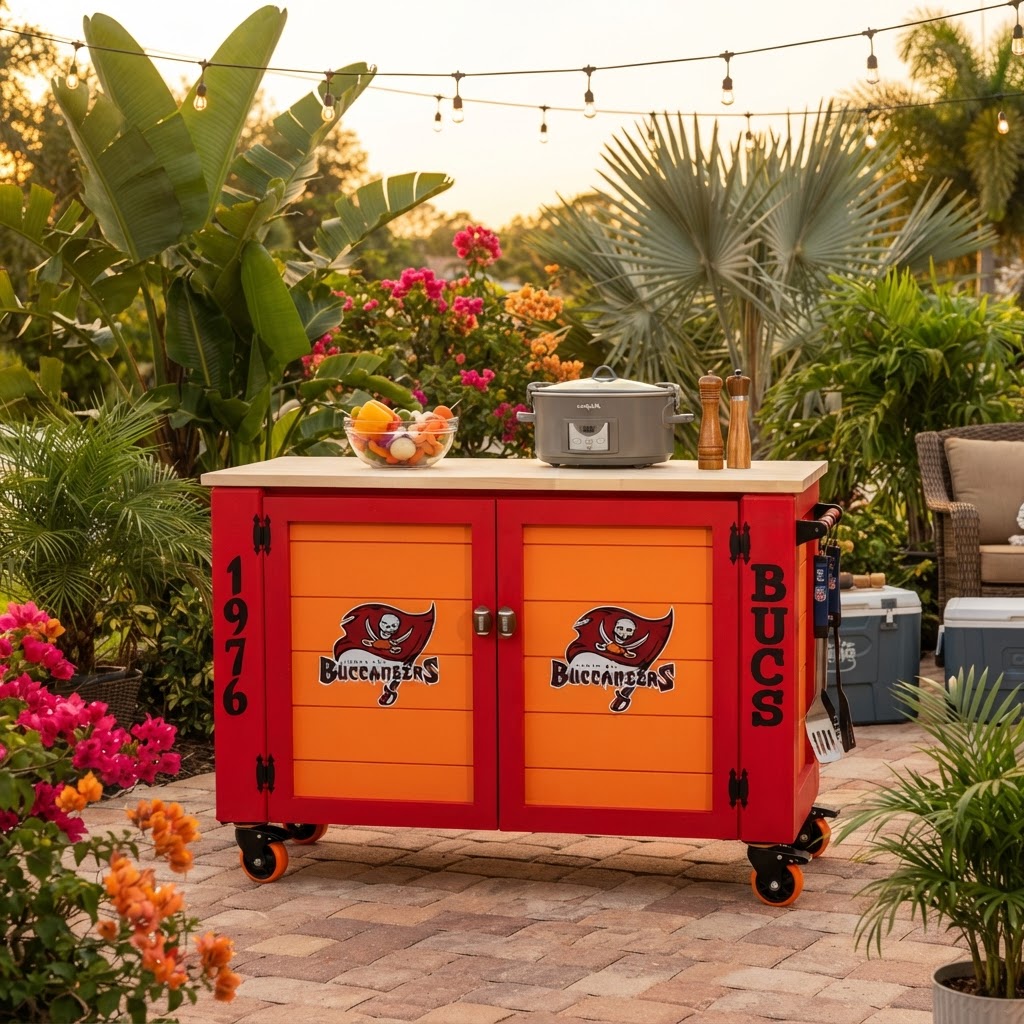 Personalized Tampa Bay Buccaneers tailgating prep station with butcher block top, team branding, and caster wheels