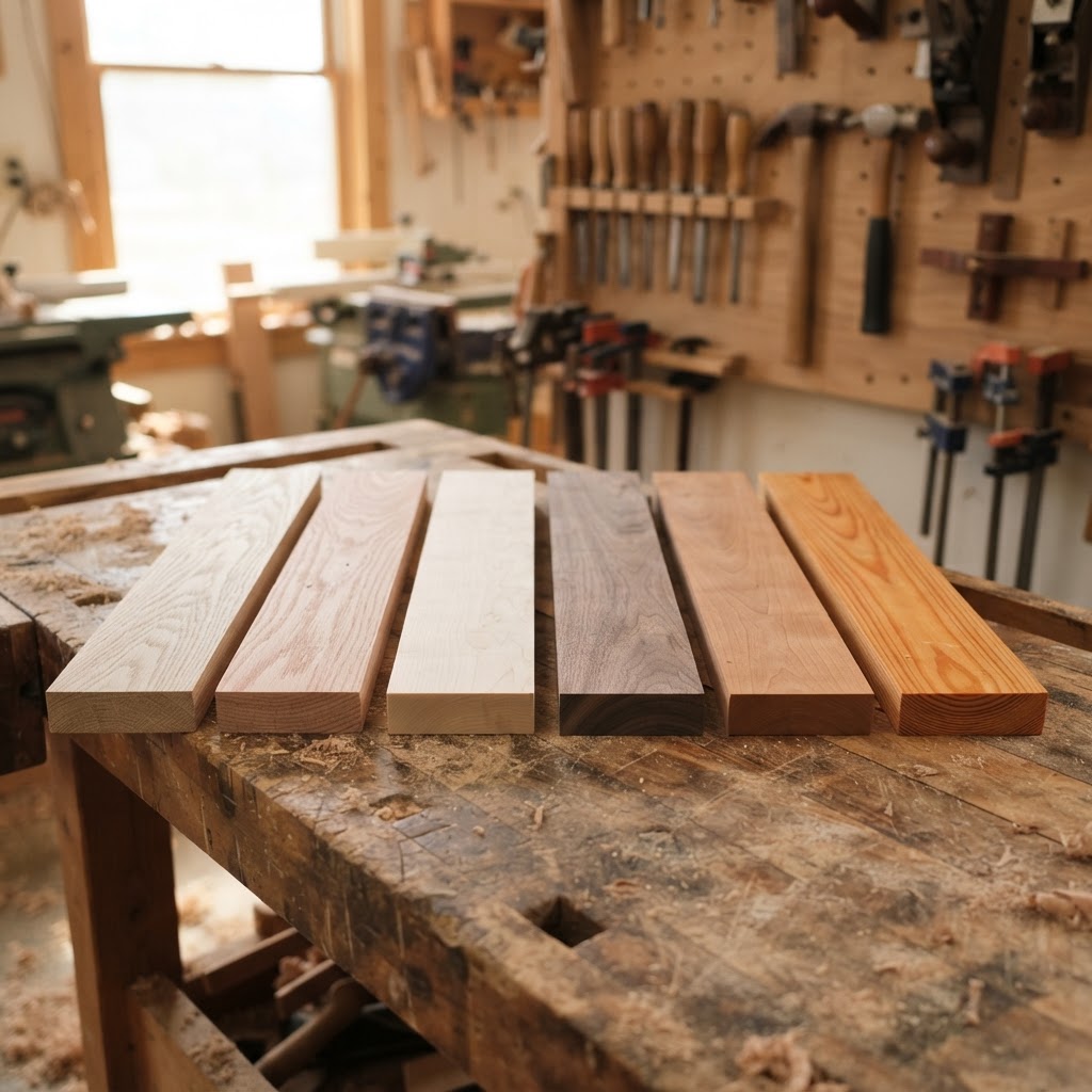 Hardwood lumber samples: white oak, red oak, maple, walnut, cherry, heart pine