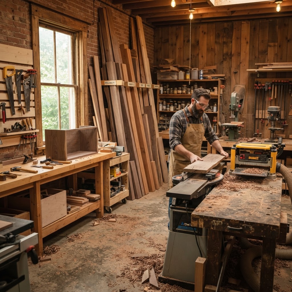 Home-based woodworking shop with stacked hardwood
