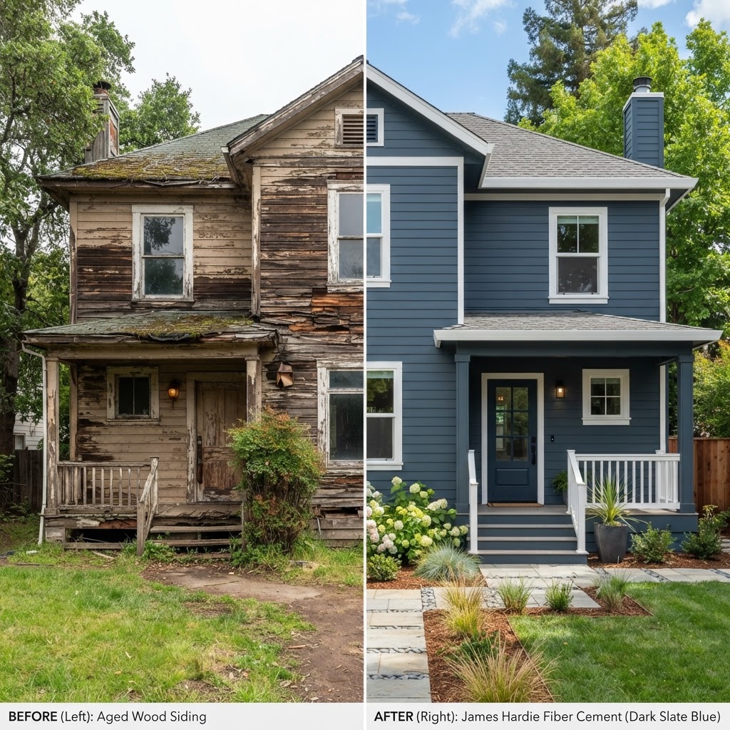 Northern California home exterior before and after siding replacement with James Hardie fiber cement