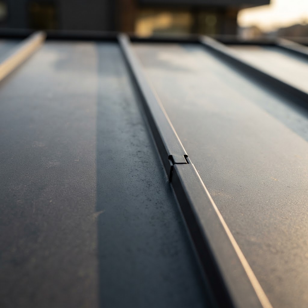 Close-up of standing-seam metal roof panels with raised interlocking seams