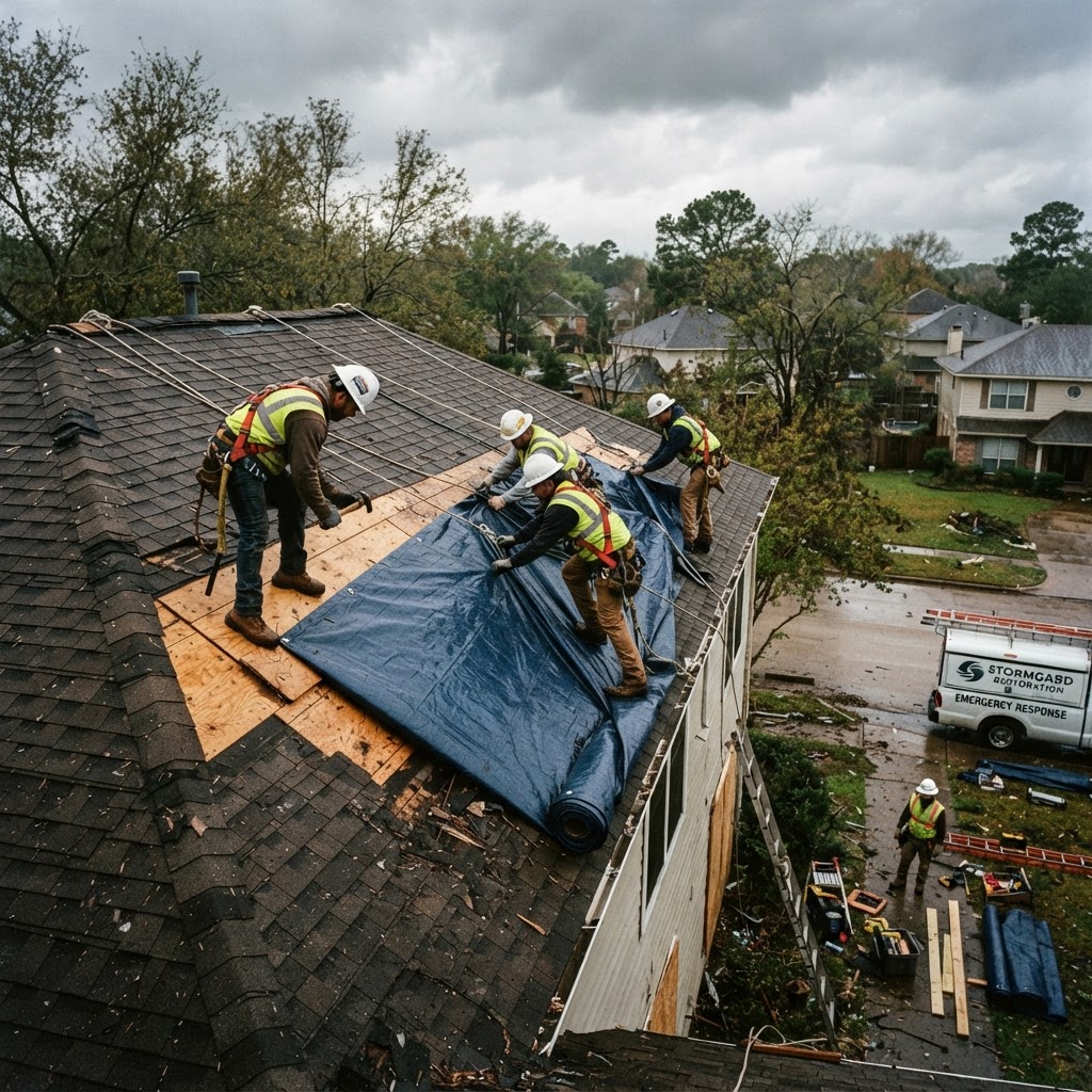 Blyss Construction crew assessing storm damage and installing protective tarps