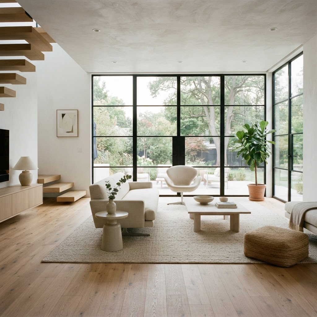 Bright Northern California living room with Milgard vinyl windows