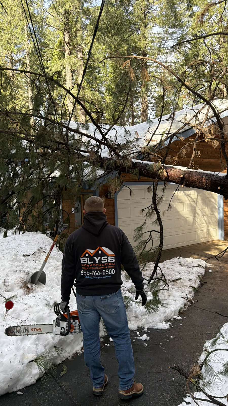 Blyss Construction crew safely dismantling a fallen tree against a home