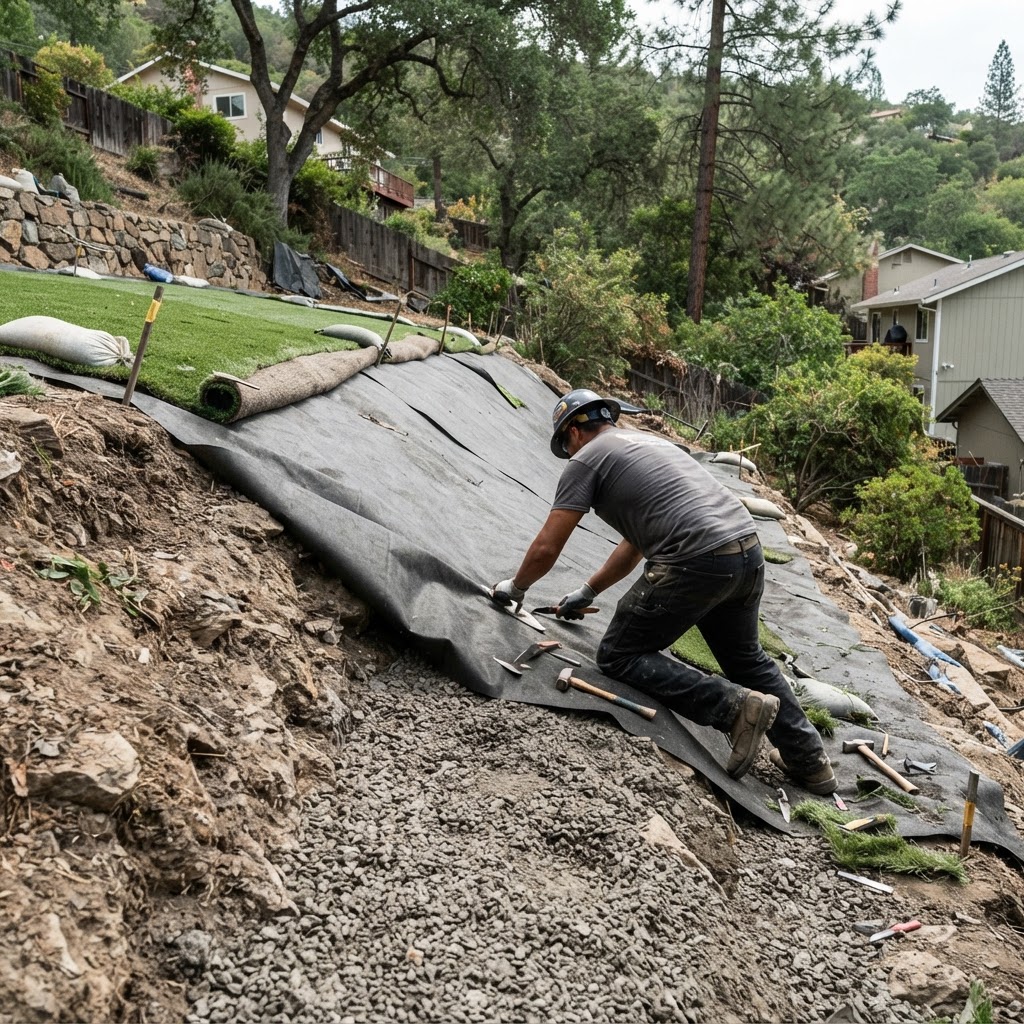 Sloped, irregular site prior to turf construction
