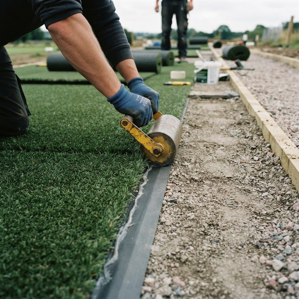 Specialty synthetic turf surface being installed
