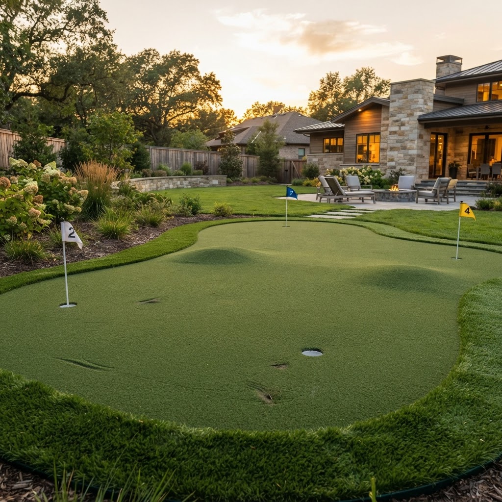 Backyard synthetic putting green with multiple cups