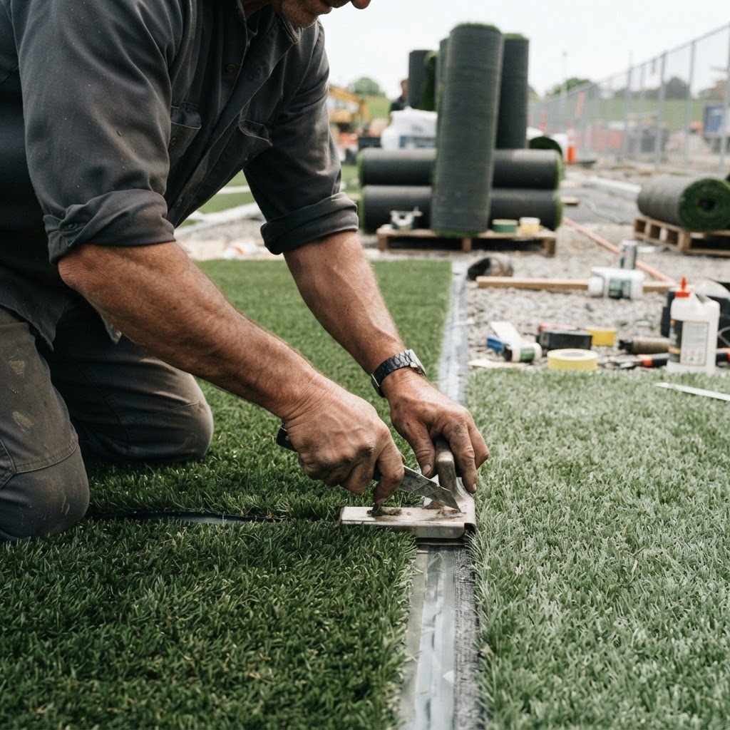 Installer working on a synthetic turf surface on an outdoor jobsite