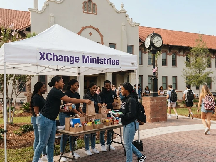 Black and Brown XChange students handing out care packages at an outdoor campus outreach table at Valdosta State University