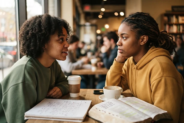Two Black students in honest conversation over coffee with an open Bible on a Valdosta State campus table