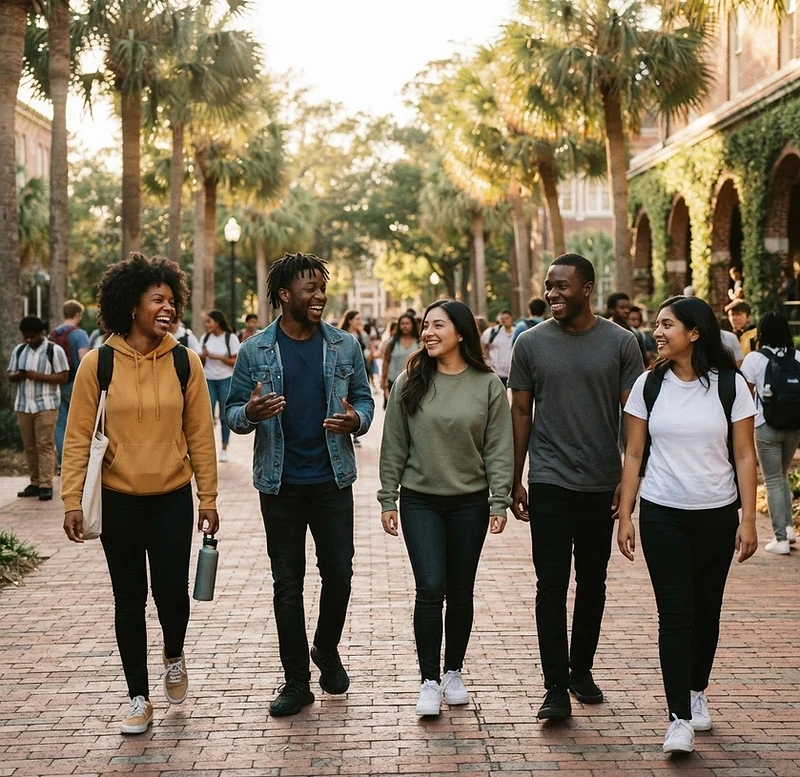 Diverse group of Black and Brown students laughing together on the palm-lined brick walkways of the Valdosta State University campus