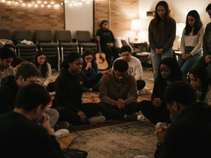 Black and Brown Valdosta State students praying together in an intimate student worship gathering
