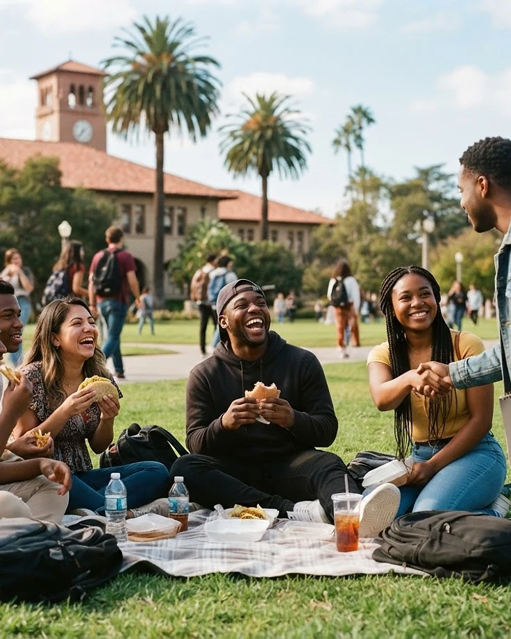 Candid photo of Black students hanging out and eating together on the Valdosta State campus lawn