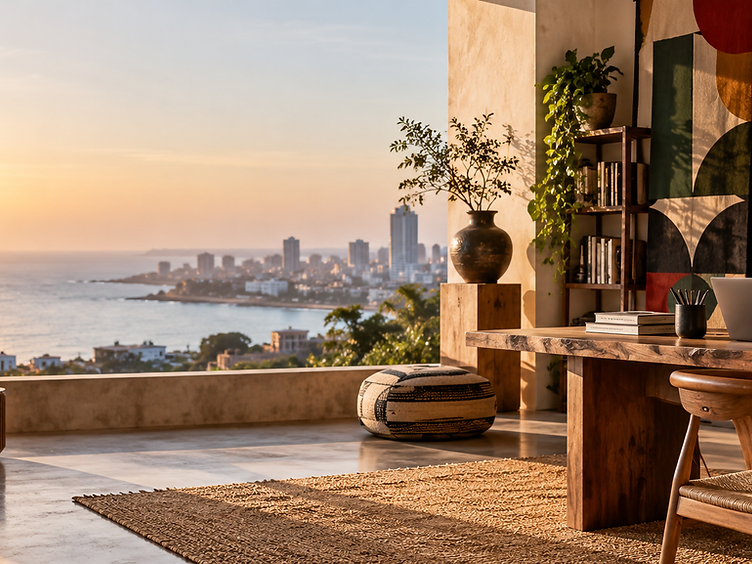 A contemporary interior with Senegalese art, woven textures, wood and ceramics in green and earth tones