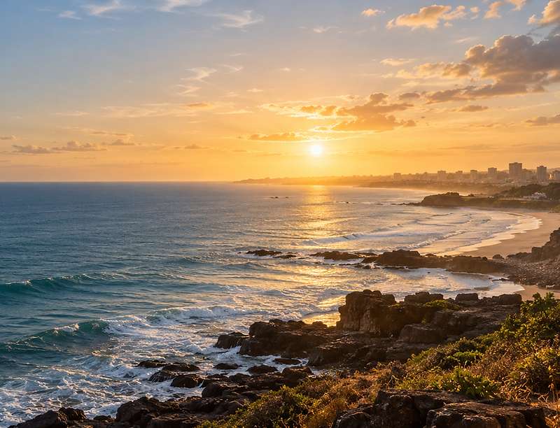 The Atlantic Ocean meeting the Senegalese coastline at golden hour, with a distant city skyline on the horizon