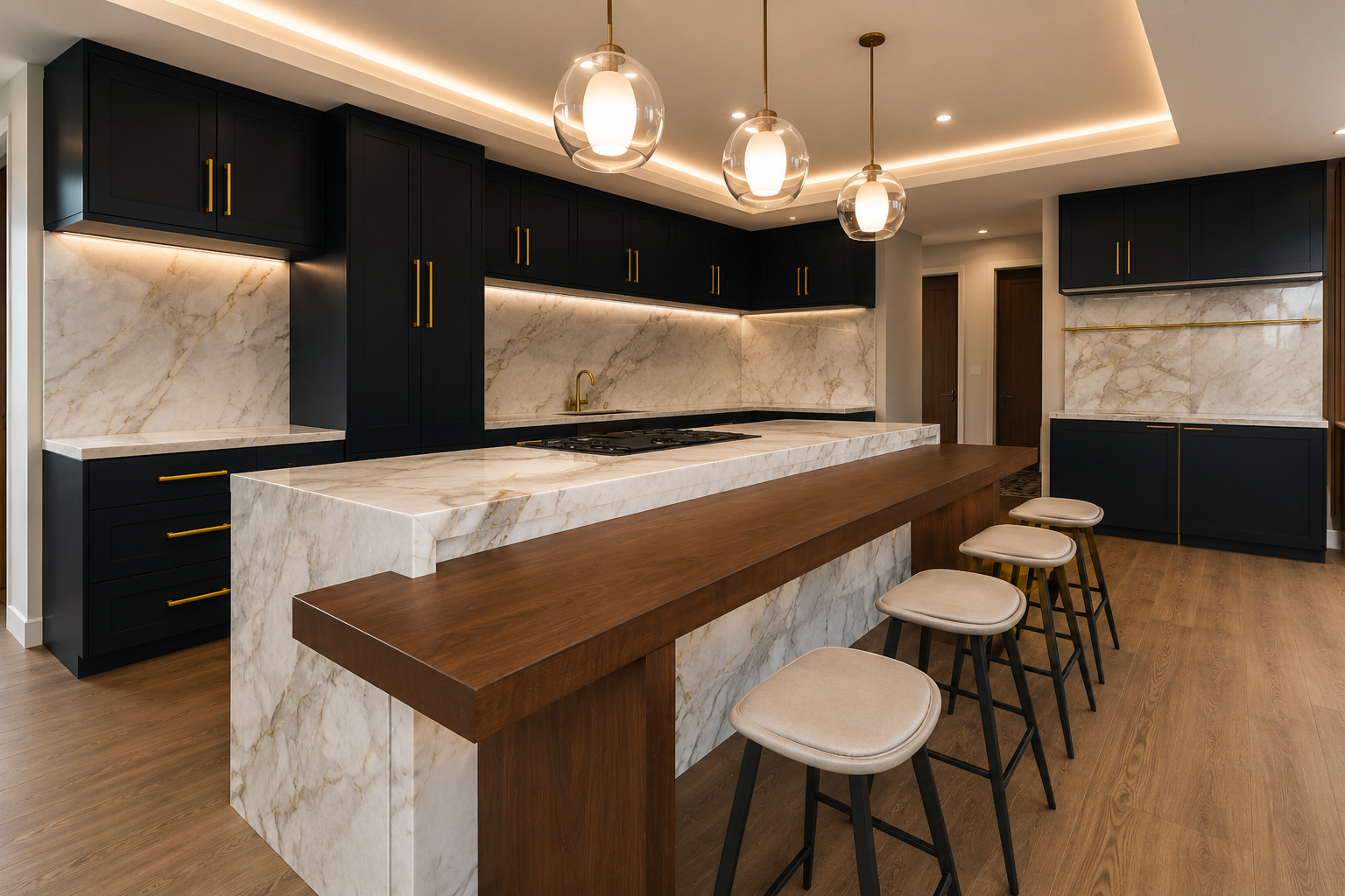 Kitchen along its length with black shaker cabinetry and brass pulls, a book-matched marble island and backsplash, long walnut breakfast bar with upholstered stools, brass tapware and three clear glass globe pendants