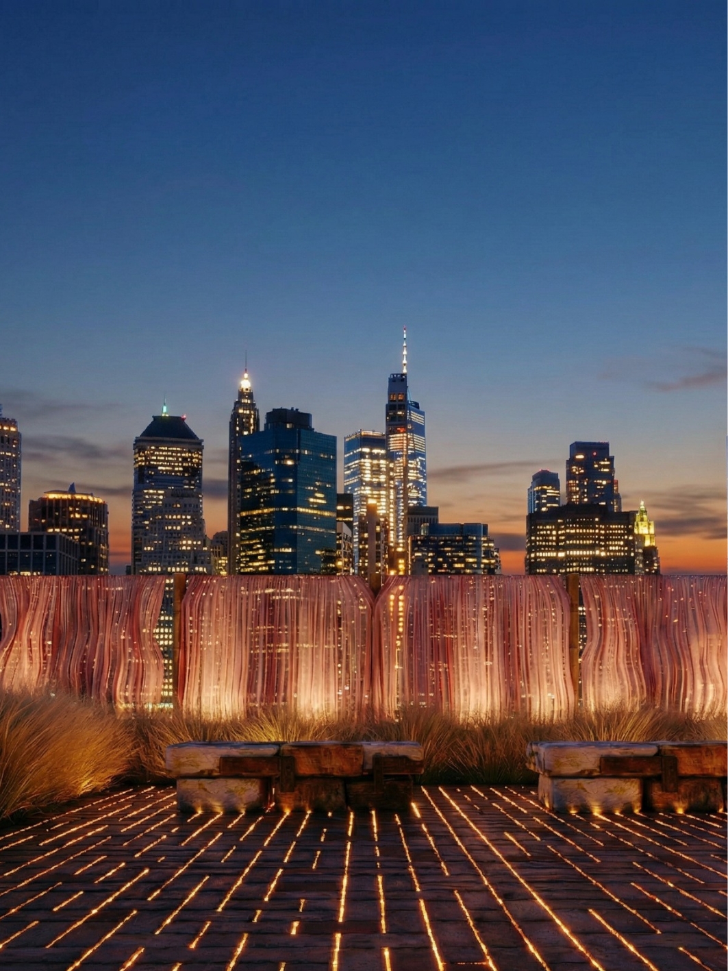 The rooftop at dusk with the lit downtown skyline beyond a backlit copper curtain screen, stone benches and brick paving traced with warm light lines