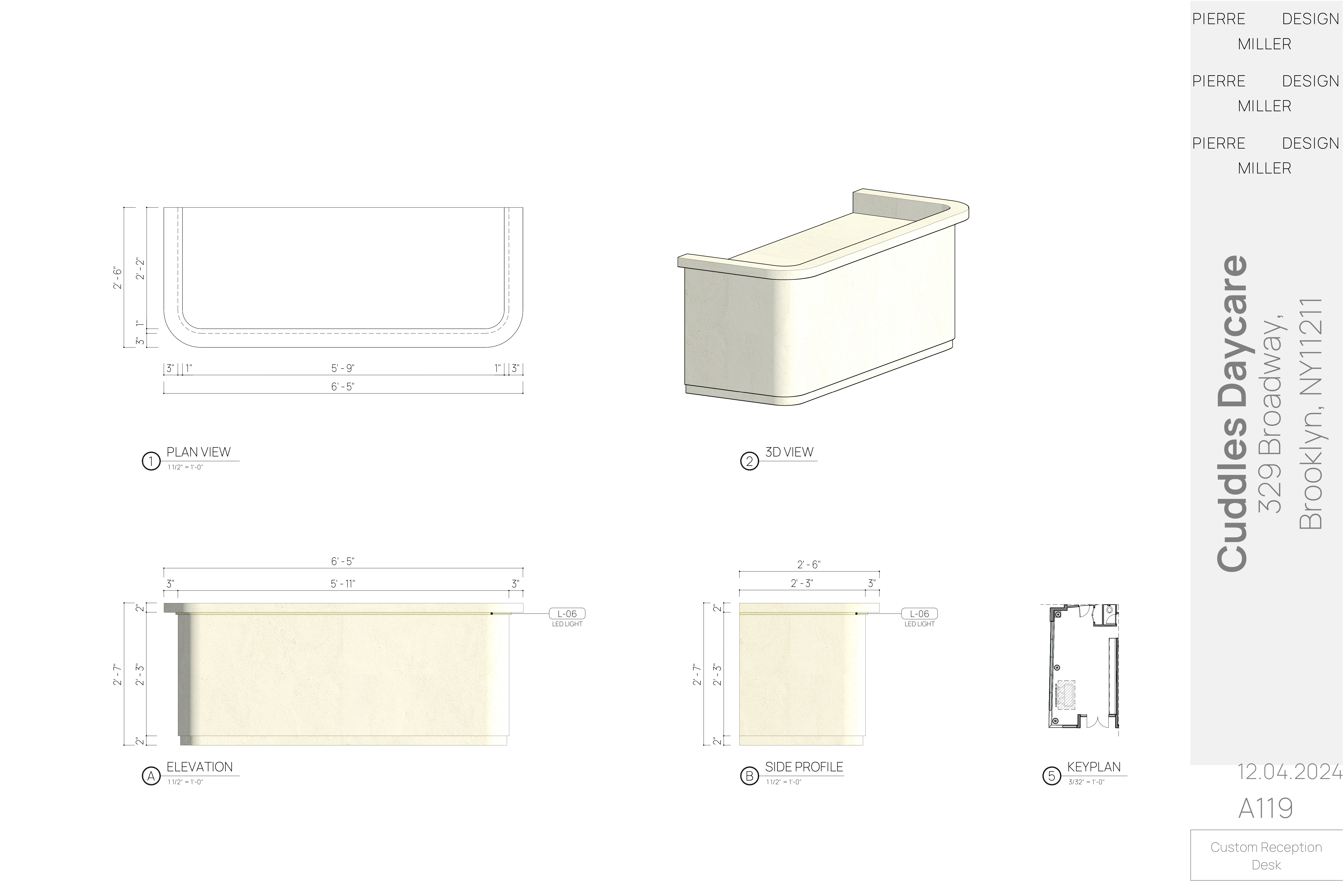Drawing A119 — custom reception desk sheet with plan view, 3D view, front elevation, side profile and keyplan, showing the rounded cream form with a concealed LED light strip
