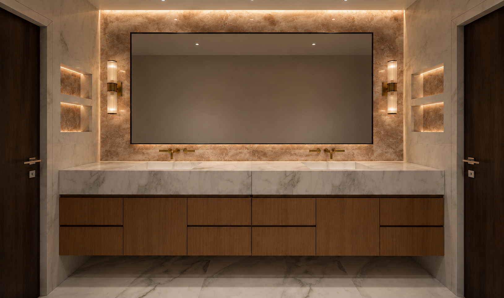 Bathroom with a textured rose-toned mosaic feature wall, backlit cornice, marble-clad bath with brass wall taps, wall-hung WC and a glass shower enclosure with brass fittings