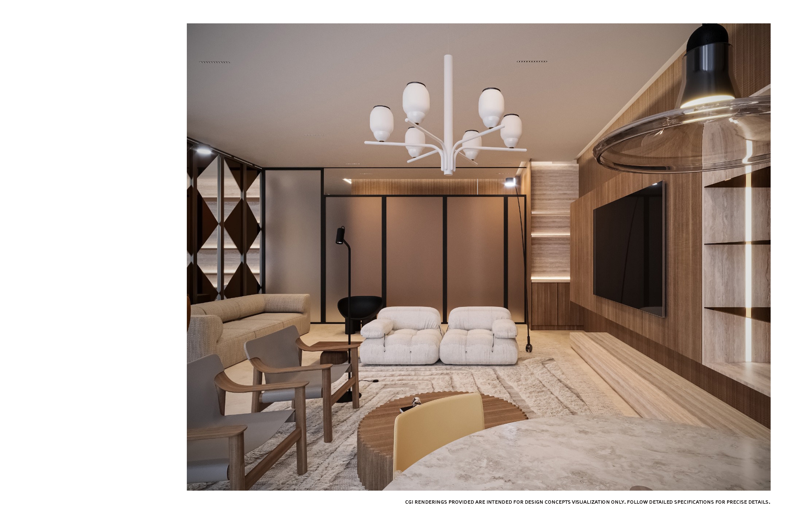 Living and dining room in warm walnut with a wall-mounted screen in ribbed panelling, backlit niches, ivory modular seating, timber lounge chairs, a sculptural white chandelier and a marble table in the foreground