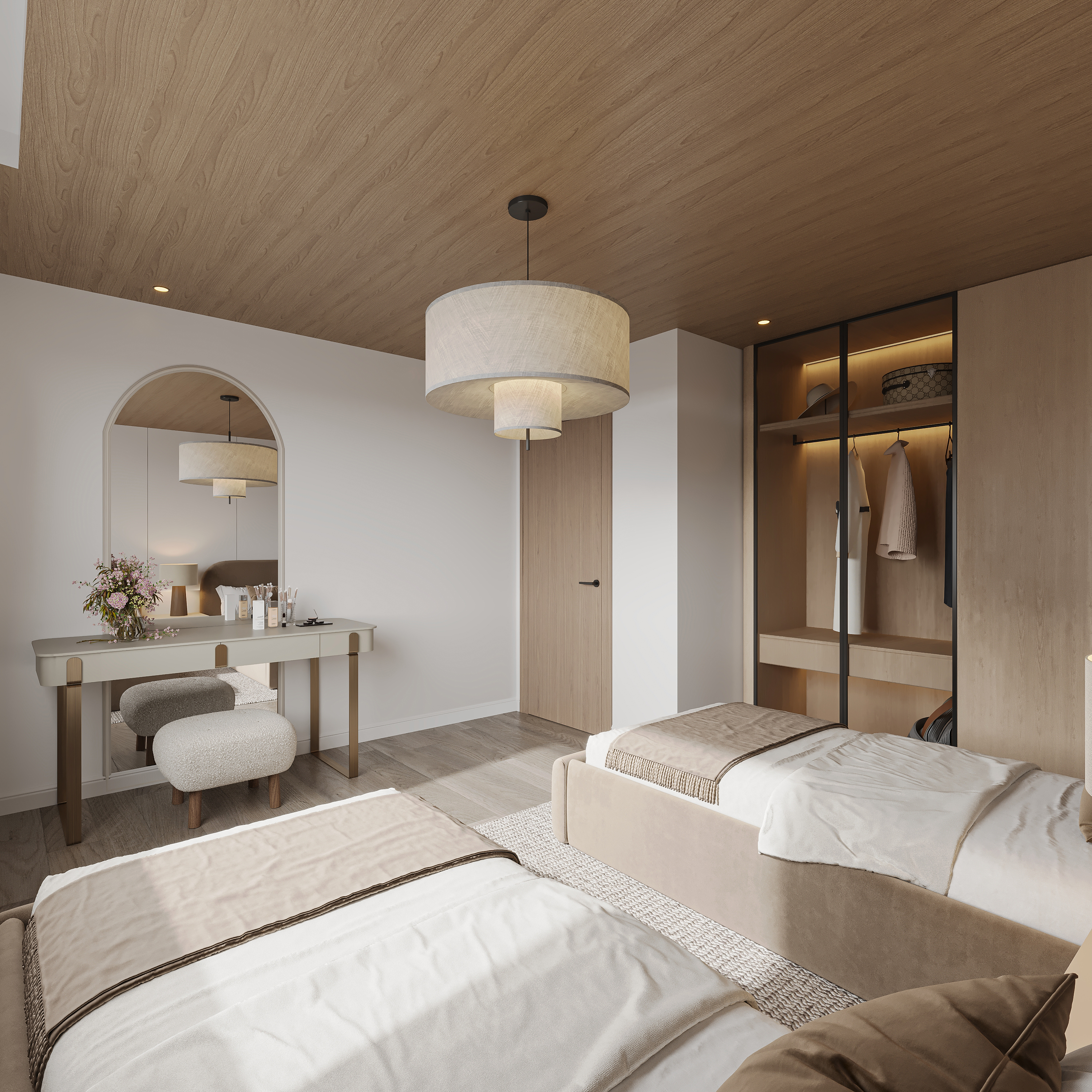 Twin bedroom seen from the beds toward a pale green dressing table with brass legs, boucle stool and arched mirror, an LED-lit oak wardrobe in slim black frames and a layered drum pendant