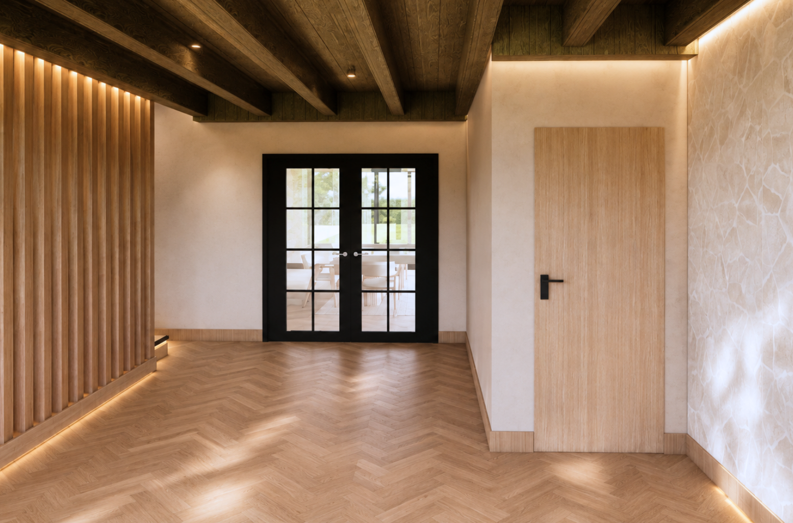 Hallway with herringbone oak flooring, a floor-to-ceiling timber slat partition with a warm LED base strip, black-framed glass French doors onto a sunlit white-furnished room, a flush oak door with a black handle, irregular stone cladding and exposed dark timber beams with perimeter cove lighting