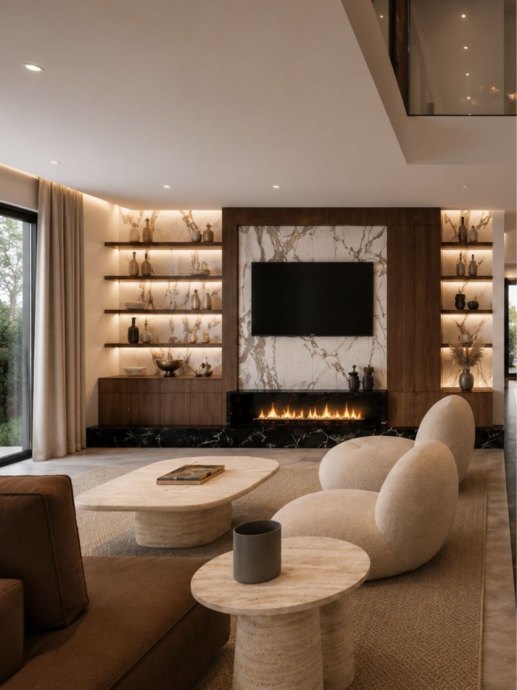 Living room with a book-matched marble fireplace panel and wall-mounted screen, backlit walnut display shelving, black marble hearth, rounded bouclé armchairs, travertine coffee tables and a chocolate sofa on a woven rug