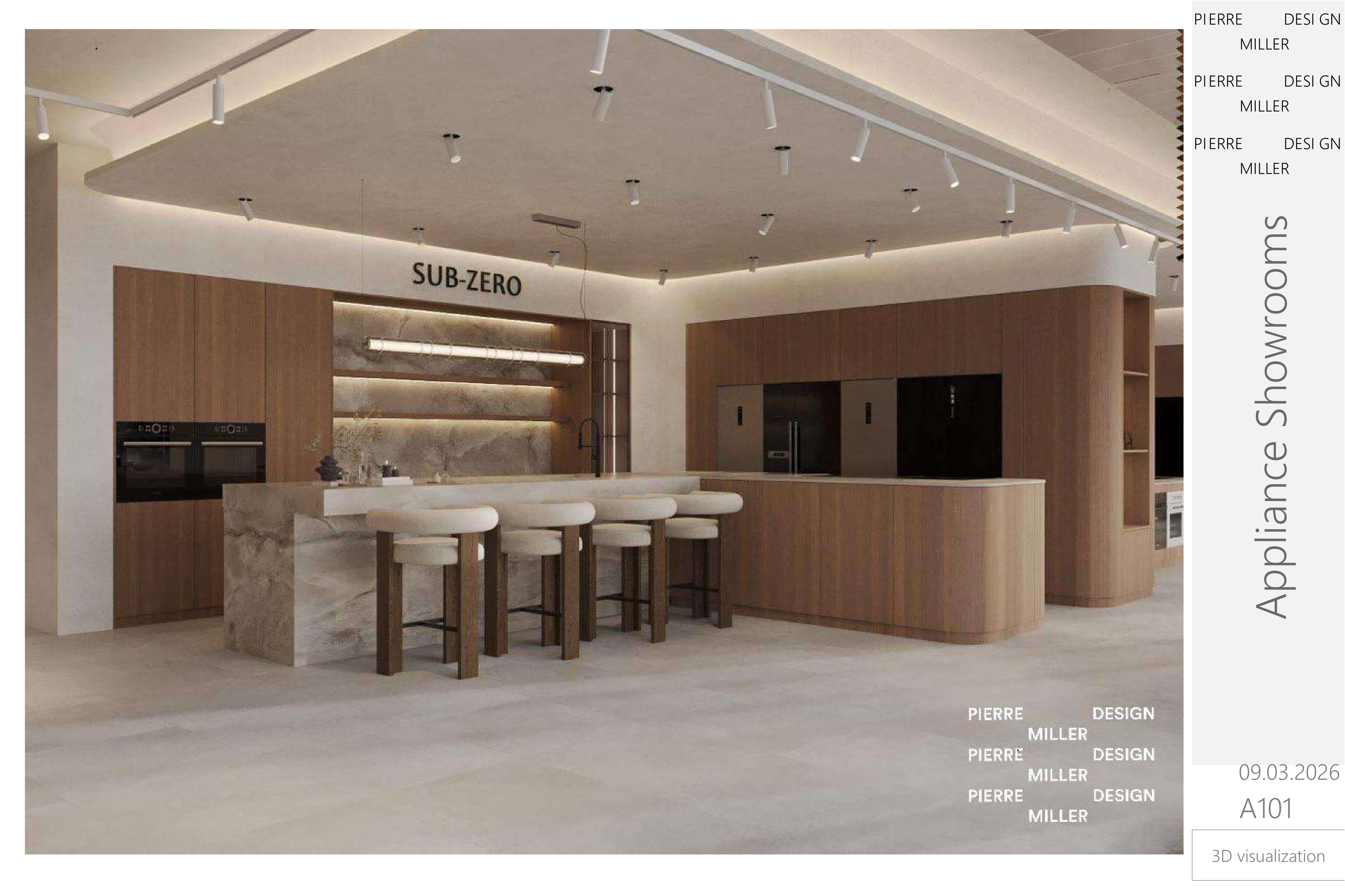 Sub-Zero display kitchen with a stone waterfall island and boucle stools, oak cabinetry, backlit stone shelving and integrated black ovens and refrigeration