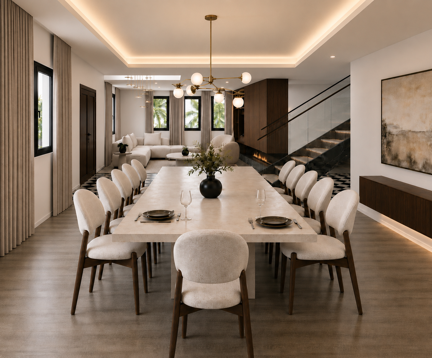 Long travertine dining table with ivory bouclé chairs on walnut legs, a brass globe chandelier under a cove-lit ceiling, black-framed windows onto palms and the living room and staircase beyond