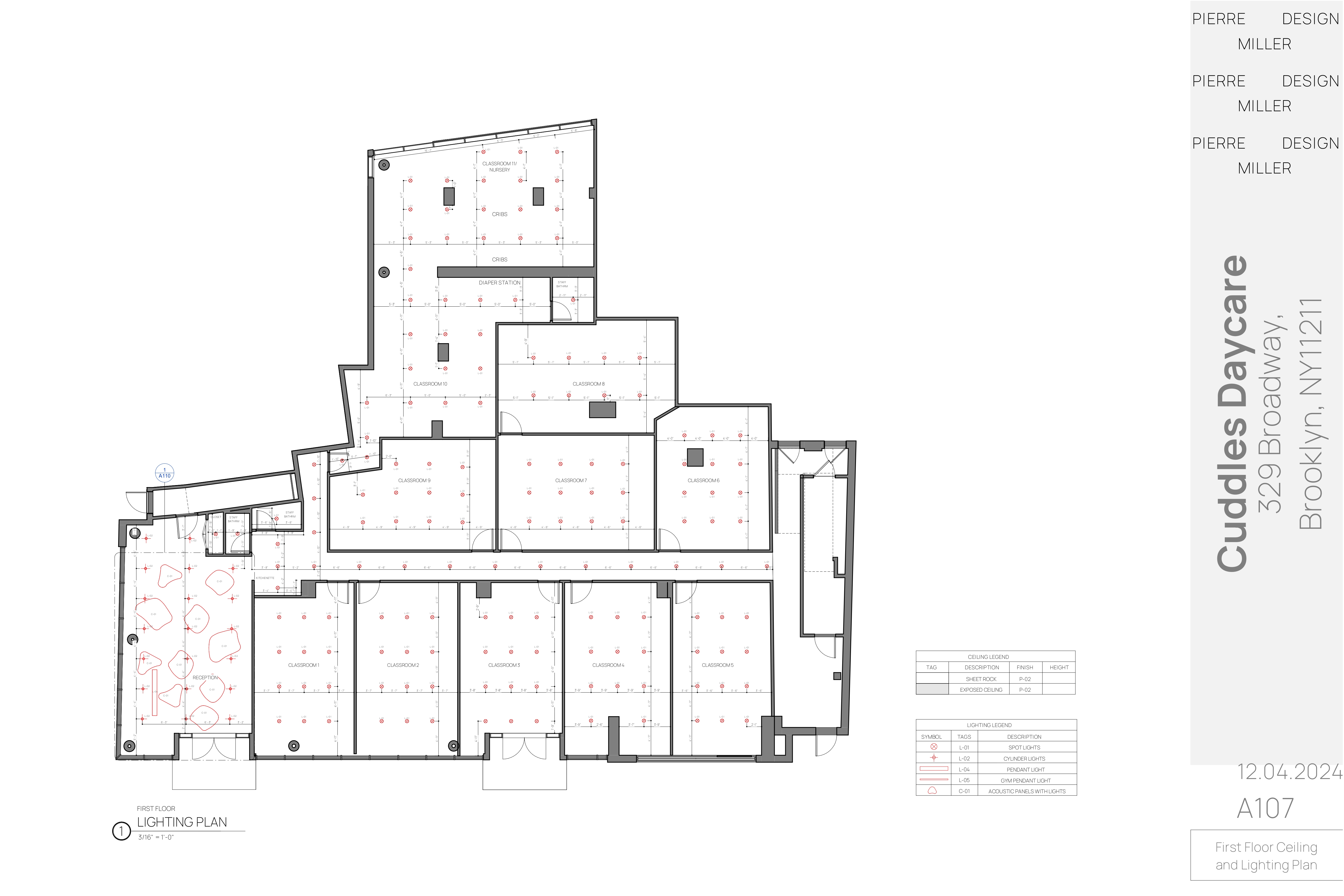 Drawing A107 — first floor ceiling and lighting plan with spot, cylinder and pendant light layouts, acoustic panels with lights over reception, and ceiling and lighting legends