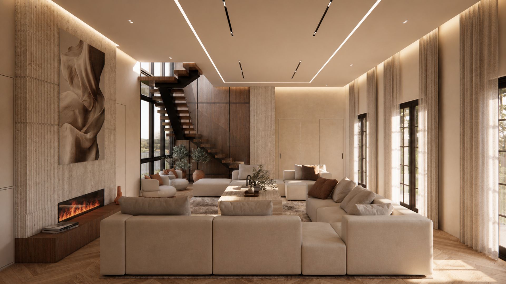 Double-height living room with a fluted travertine fireplace wall and sculptural relief artwork, cantilevered timber staircase, ivory modular sofas with rust cushions and tall curtained windows