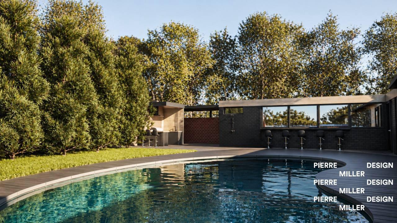 Bright daylight view of the poolside pavilion with a covered outdoor kitchen, stainless steel grill and sink, three dark bar stools, a dark grey brick wall with a continuous window and four black bar stools, an outdoor shower, a curved wooden pool deck and mature trees behind