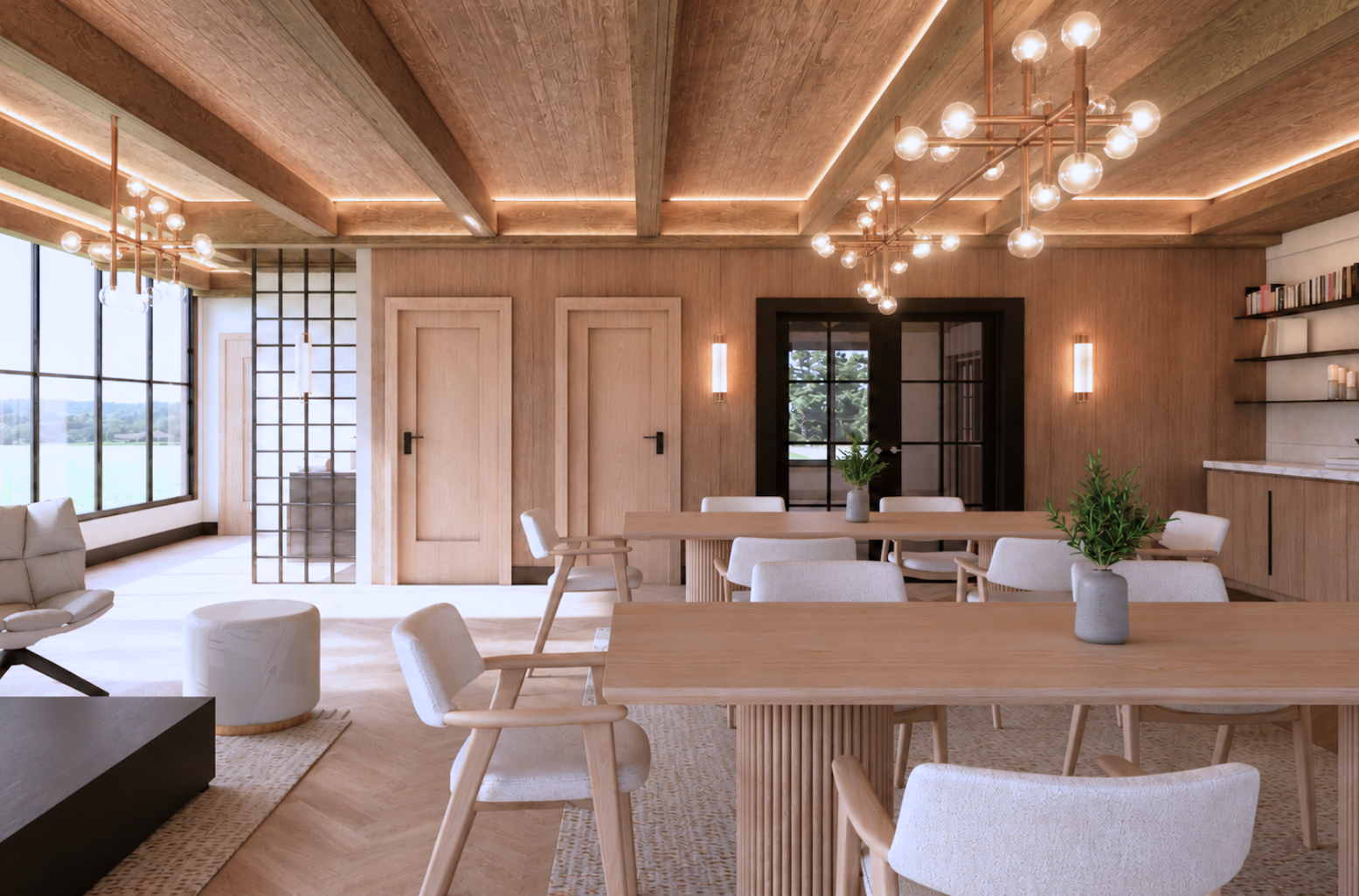 Vaulted dining hall under exposed timber beams with cove lighting, two ribbed-pedestal oak tables with cream armchairs, a cream swivel chair and marble pouf at one end, brass sputnik chandeliers, a central glazed French door, lit floating shelves and a metal grid screen on herringbone oak flooring