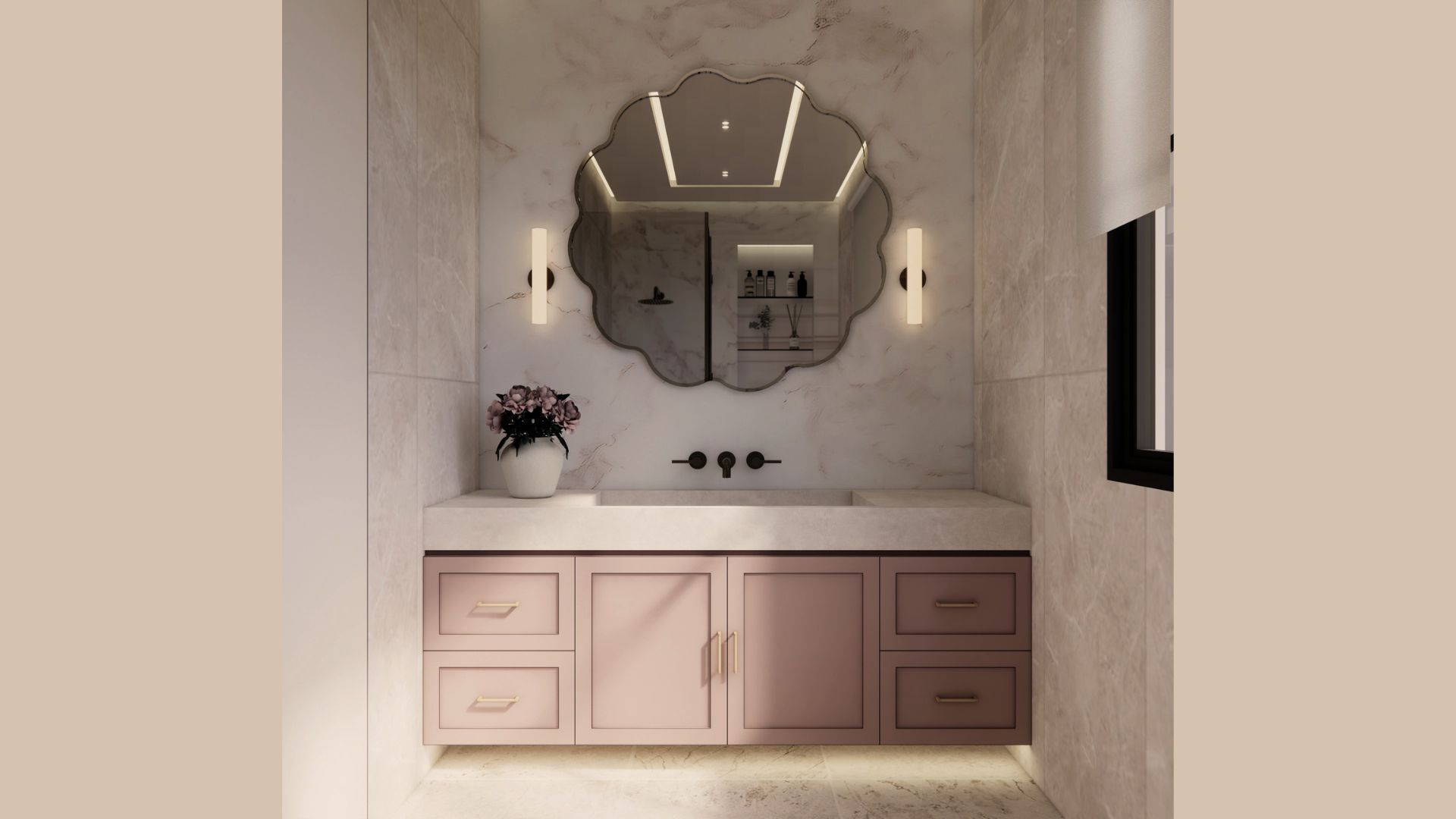 Powder room with a scalloped backlit mirror on white marble, slim vertical wall lights, black tapware, a stone basin top and a blush shaker vanity with brass pulls