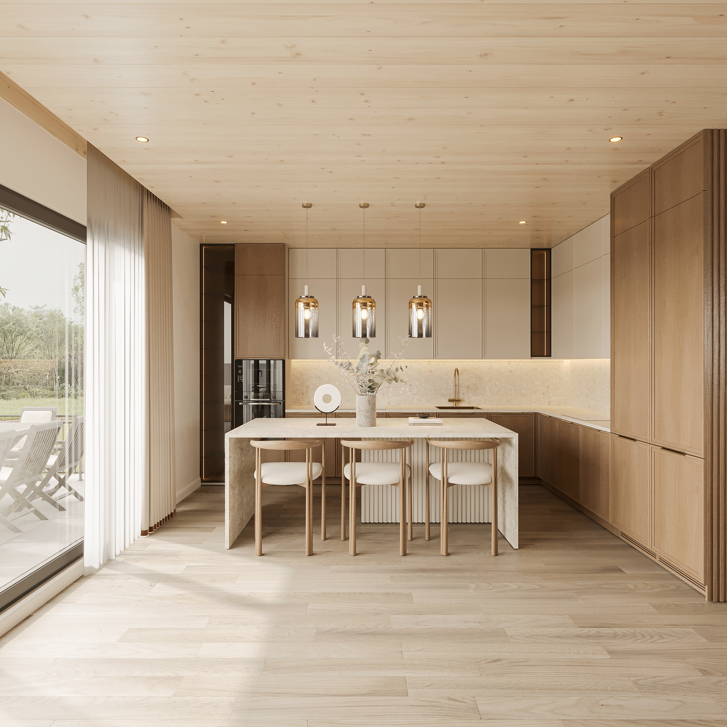 Pale kitchen beneath a whitewashed timber ceiling with oak and cream joinery, a travertine dining island with three bentwood chairs, smoked glass pendants and full-height glazing onto the terrace