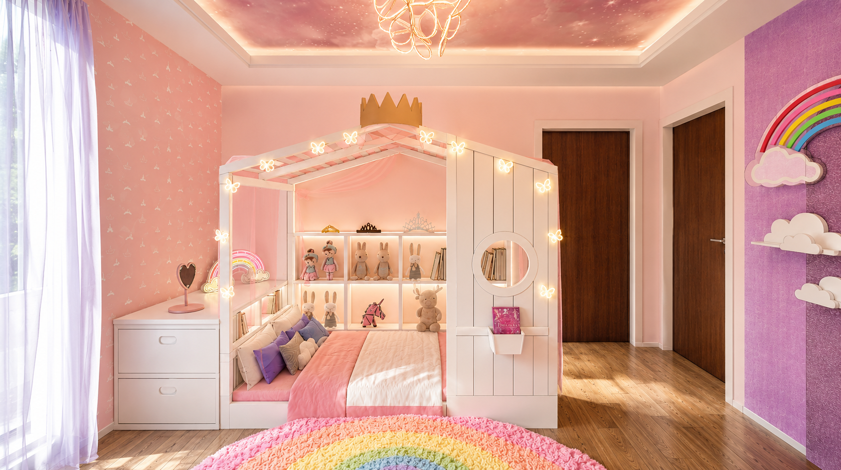 Girl's bedroom from the window with the crowned house-frame bed, butterfly fairy lights, LED-lit toy shelving, cloud-painted ceiling with a brass flower chandelier and a lilac rainbow panel opposite
