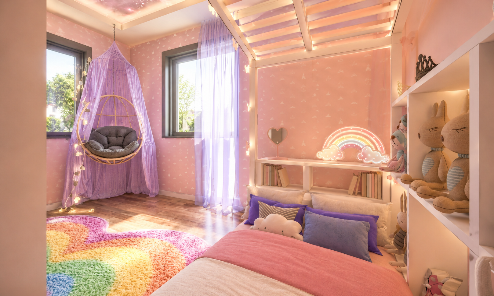 Girl's bedroom corner with a rattan hanging swing chair under a lilac tulle canopy, butterfly fairy lights, blush butterfly wallpaper, sheer curtains and a rainbow shag rug