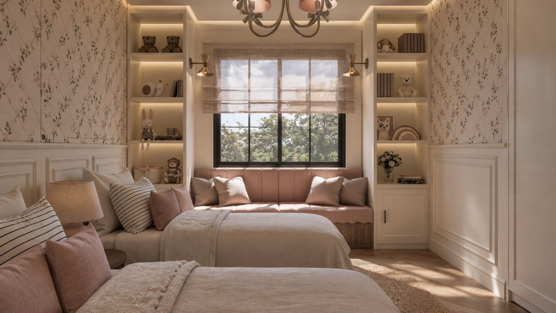 Girls' bedroom with LED-lit white bookshelves of toys and books, a blush scalloped window bench, brass wall lights, floral wallpaper and twin beds with striped cushions