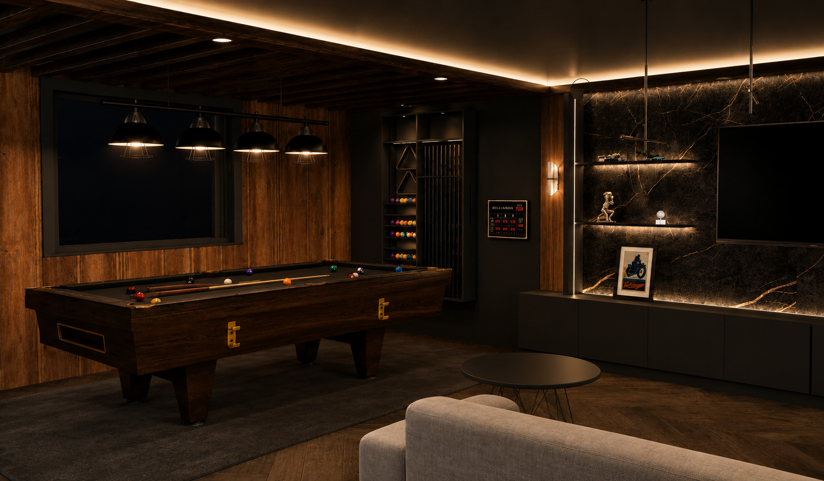 Games room with a walnut pool table under twin black dome pendants, reclaimed timber panelling, a cue and ball rack, scoreboard and herringbone flooring