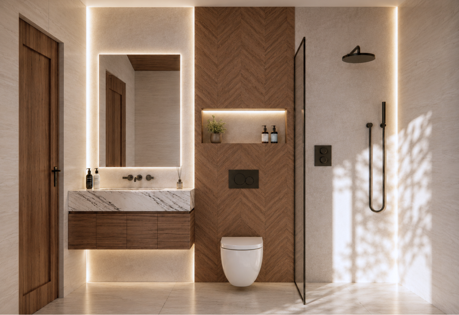 Primary bathroom with a marble vanity and backlit mirror, a dark chevron-wood feature wall holding a backlit niche and wall-hung toilet, a black-framed glass shower with black rainhead and handheld wand, light stone walls and perimeter LED cove lighting over a large-format stone floor