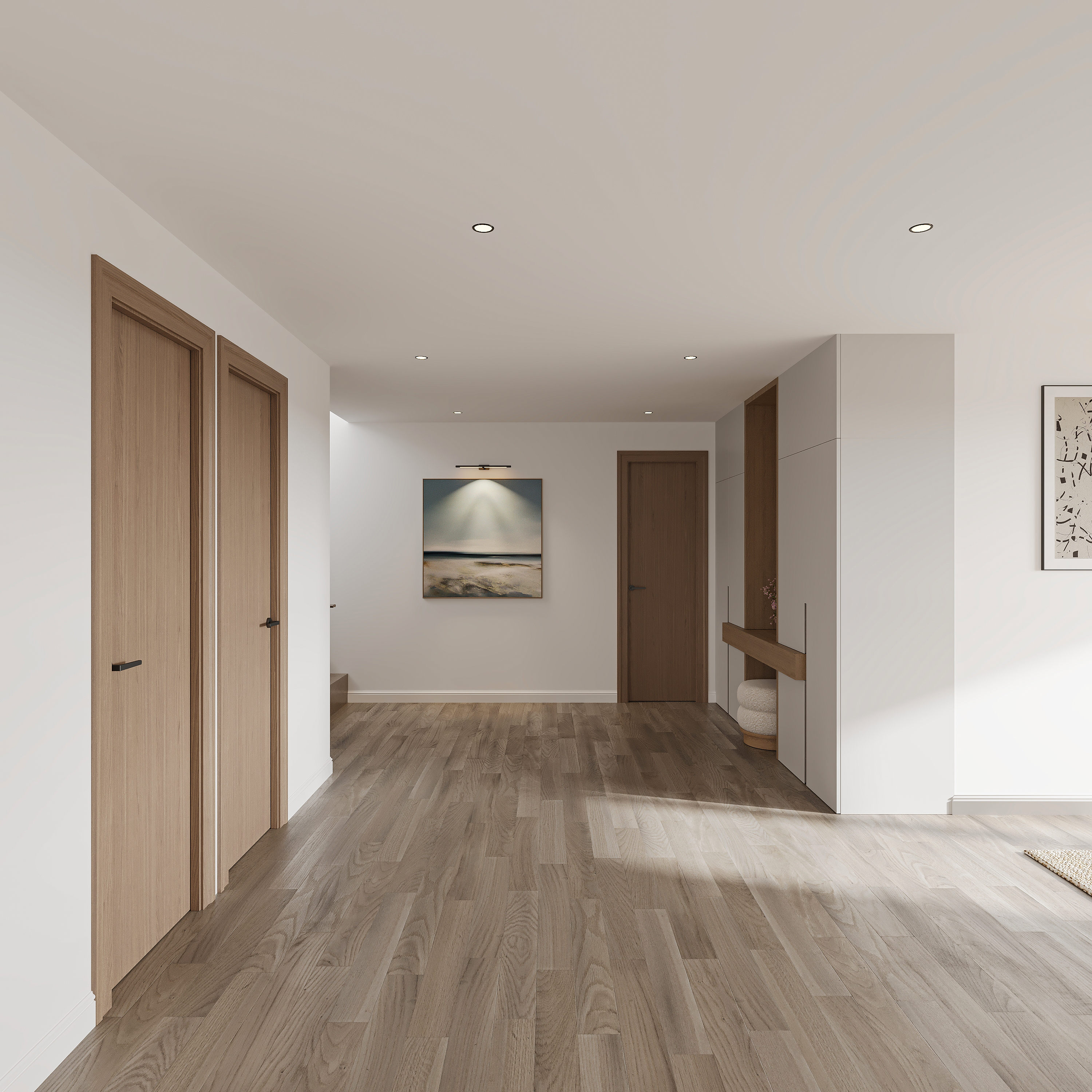 Wide hallway in soft white with oak veneer doors, a framed seascape lit by a slim picture light, concealed joinery and a bench nook on pale plank flooring