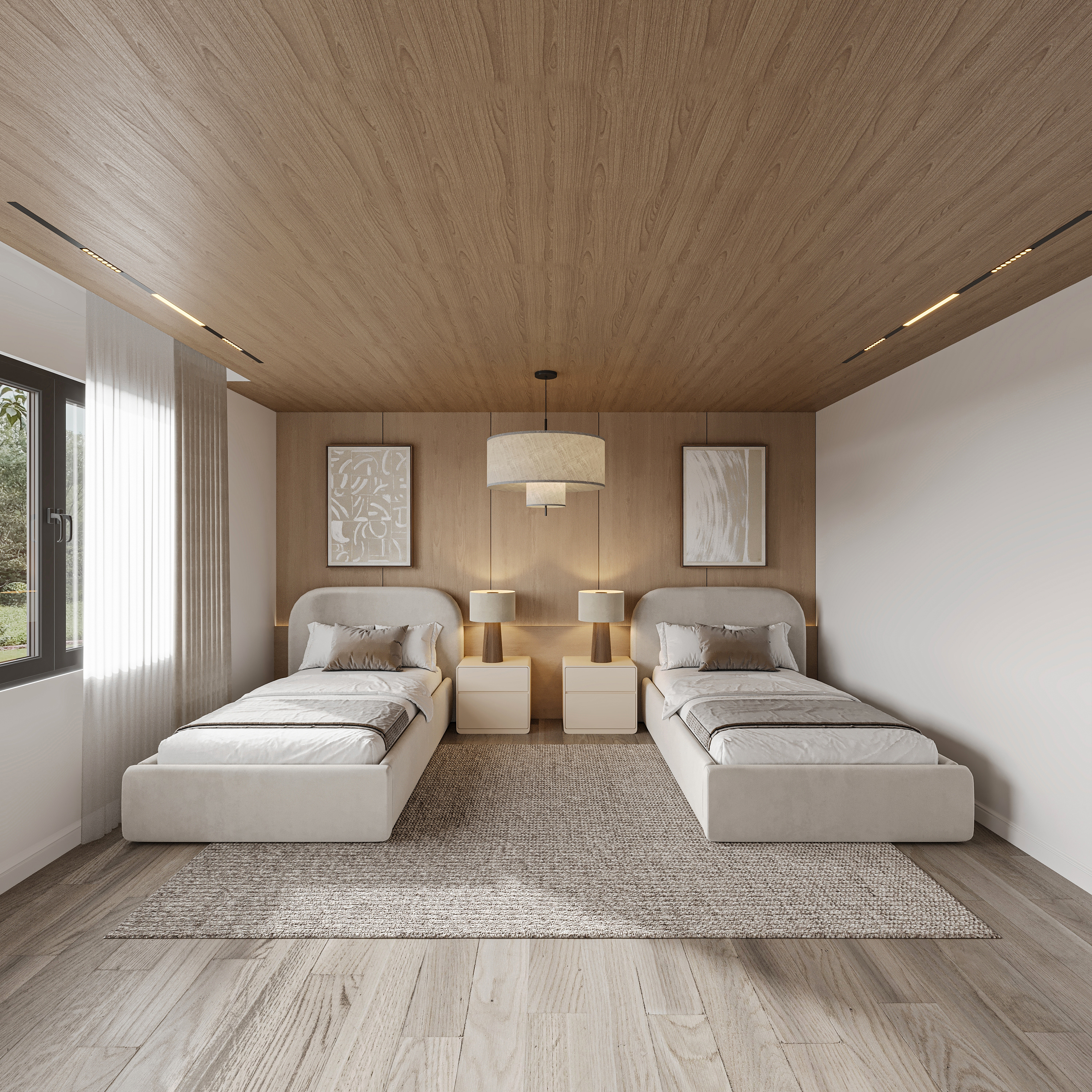 Twin bedroom under a warm oak ceiling with an oak-panelled headboard wall and concealed light, two framed abstract prints, cream upholstered beds, paired lamps on white nightstands and a drum pendant