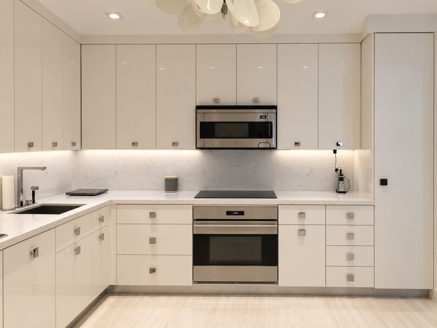 Completed kitchen in high-gloss cream cabinetry with square brushed nickel pulls, marble backsplash with concealed under-cabinet lighting, integrated oven, induction hob and microwave, and a sculptural petal chandelier