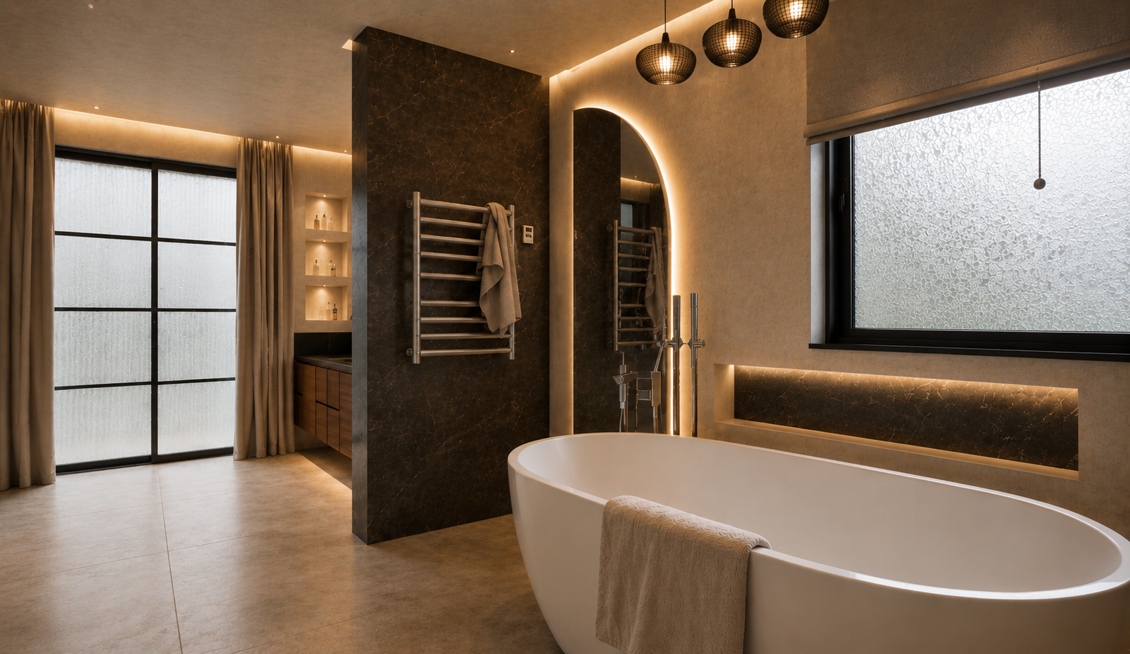 Bathroom with a dark veined marble partition wall, chrome heated towel rail, backlit arched mirror, freestanding oval tub and mesh pendant lights over a stone floor