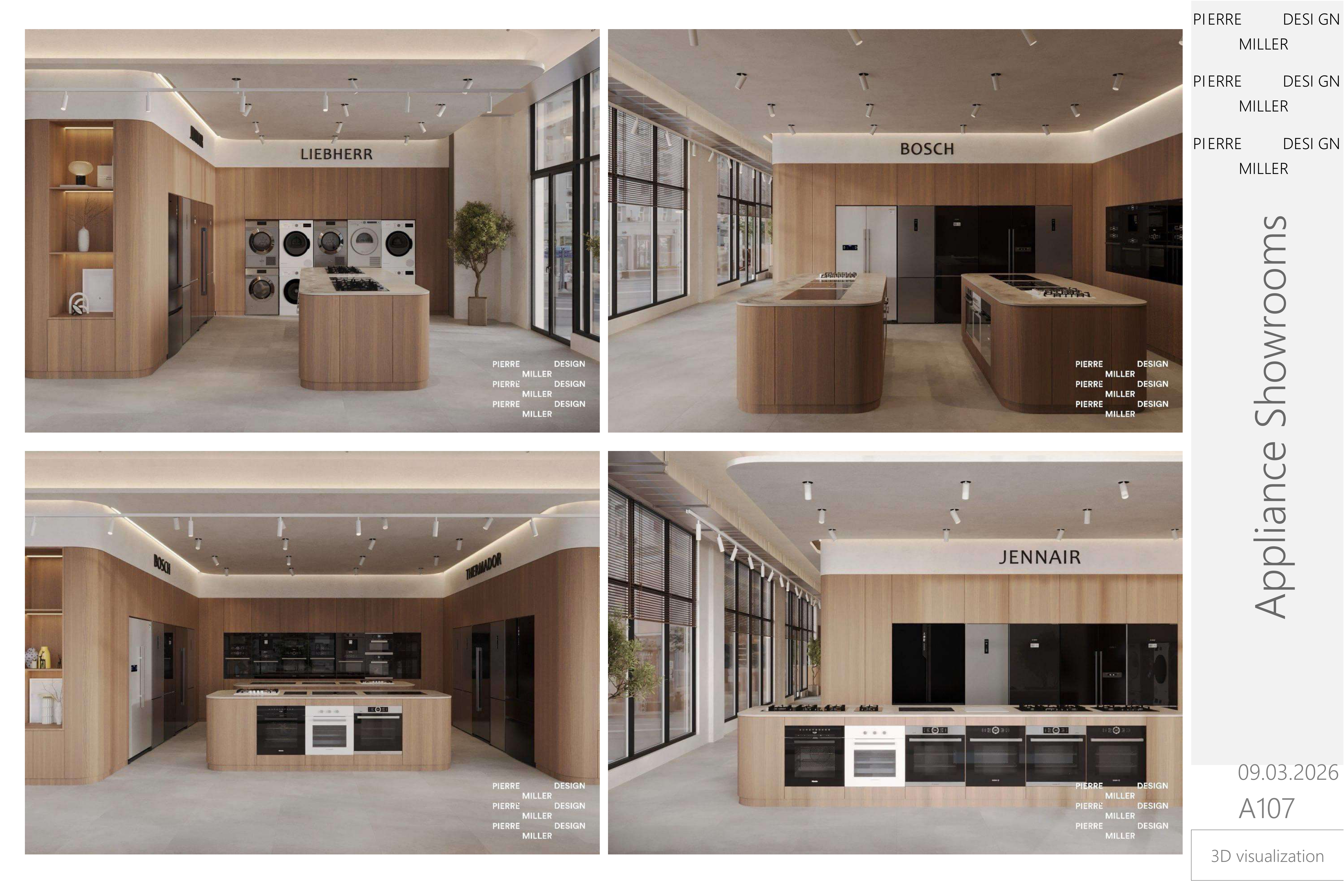 Four brand bays, Liebherr, Bosch, Thermador and JennAir, in oak cabinetry with cove-lit ceilings, curved islands, integrated black appliances and tall black-framed windows