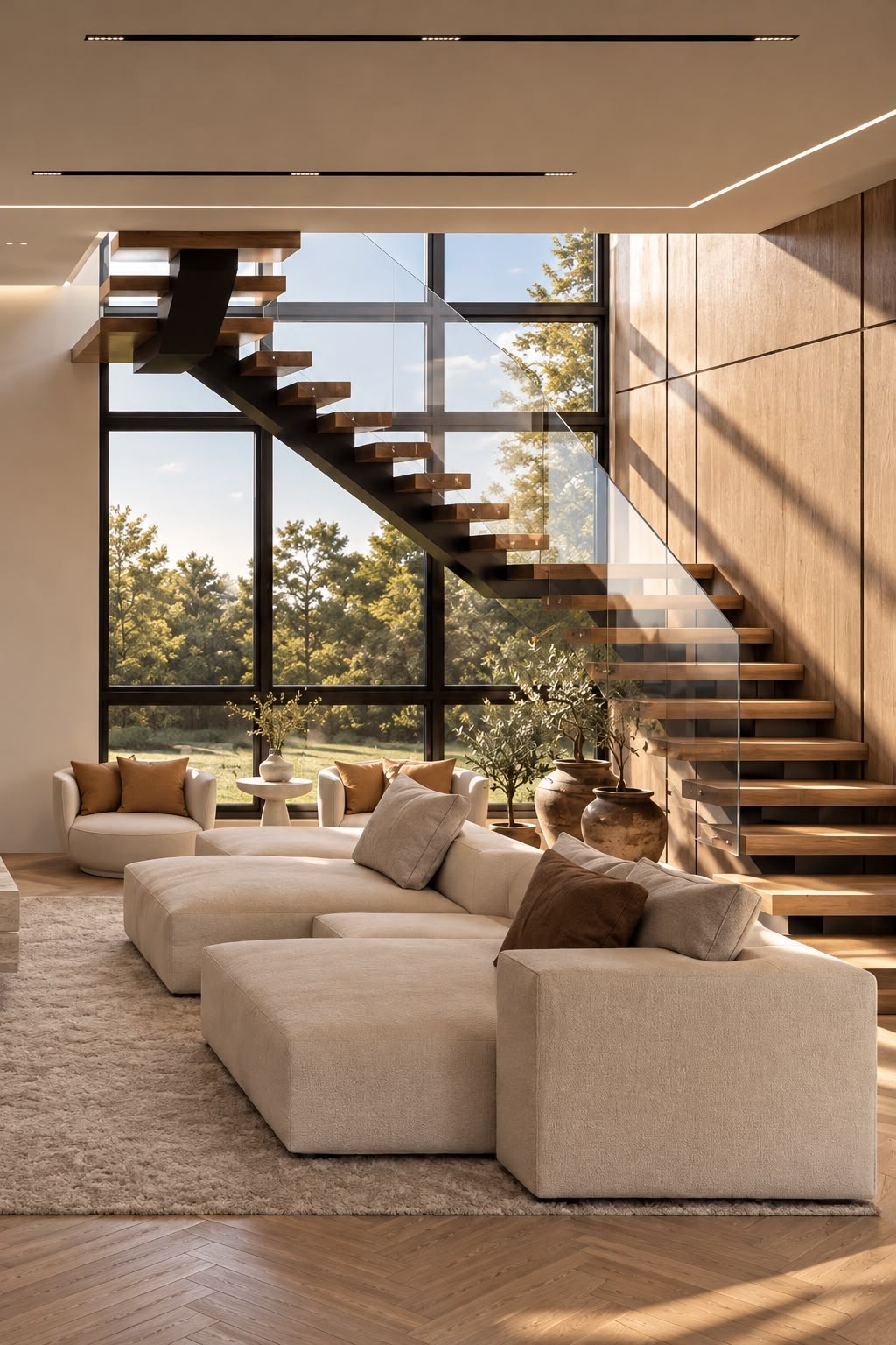 Living area with a large beige L-shaped sectional sofa and dark brown throw pillows on a shaggy rug over herringbone oak flooring, an open-tread wood and glass staircase rising beside a multi-pane floor-to-ceiling window onto greenery, light oak vertical wall panelling, two beige armchairs near a white pedestal table and rounded earth-toned ceramic pots with small trees in strong diagonal sunlight