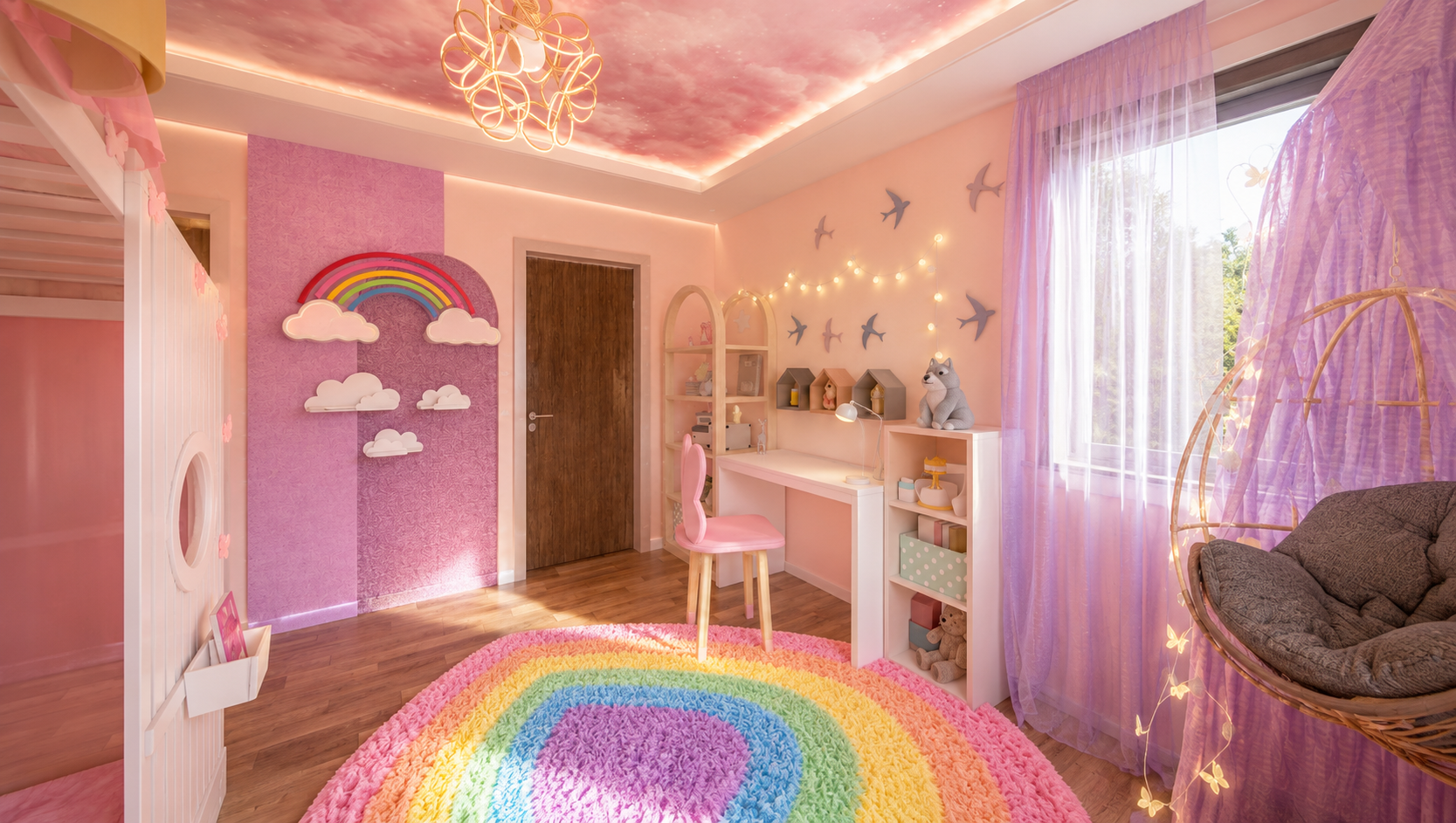 Girl's bedroom with a lilac rainbow-and-cloud feature panel beside the walnut door, arched shelving and desk with butterfly chair, cloud-painted ceiling with flower chandelier and a rainbow shag rug