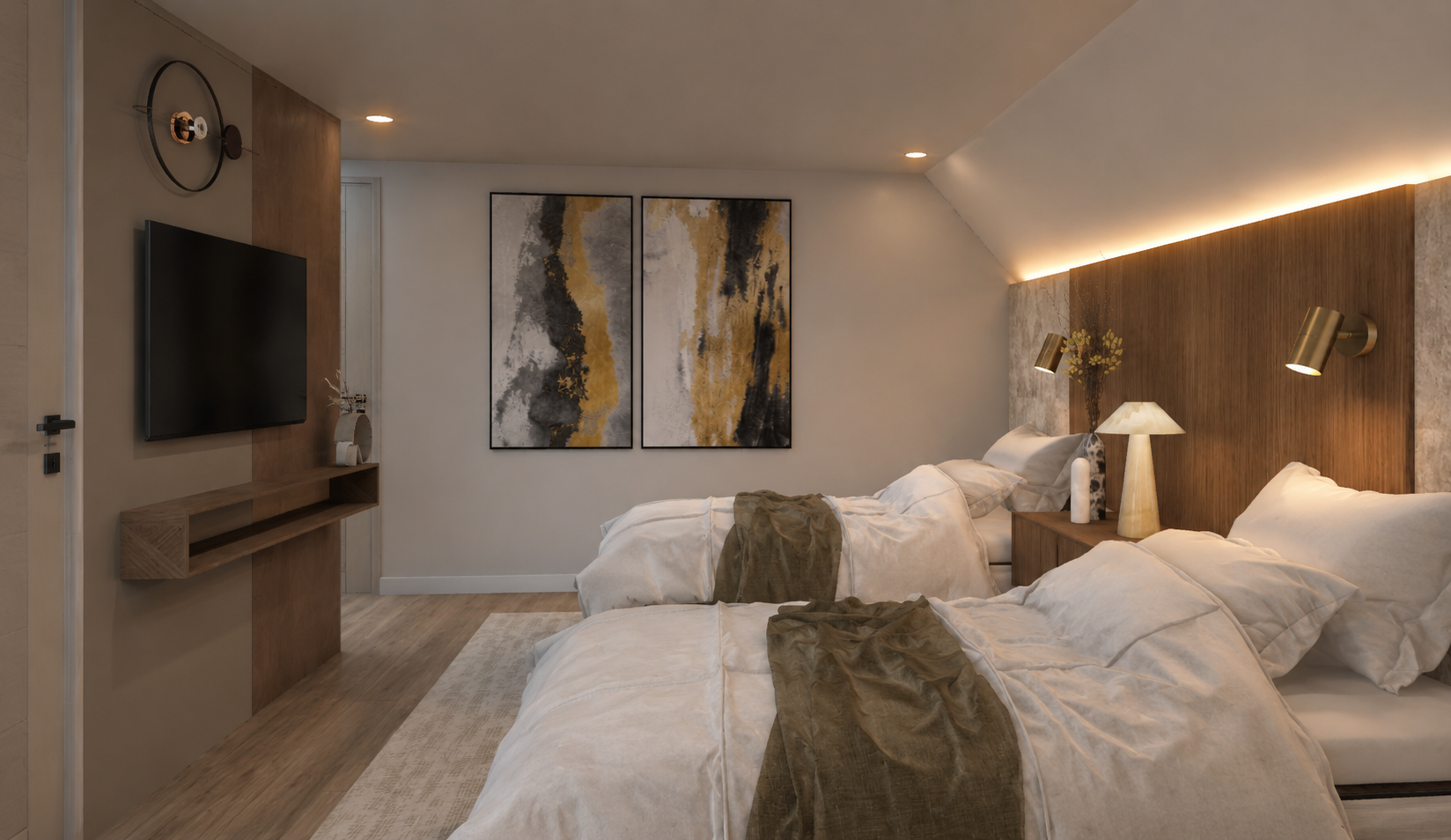 Attic bedroom seen from the media wall, with a timber panel and screen above a floating shelf, two gold-and-grey abstract canvases and twin beds with olive throws beneath the reeded walnut headboard
