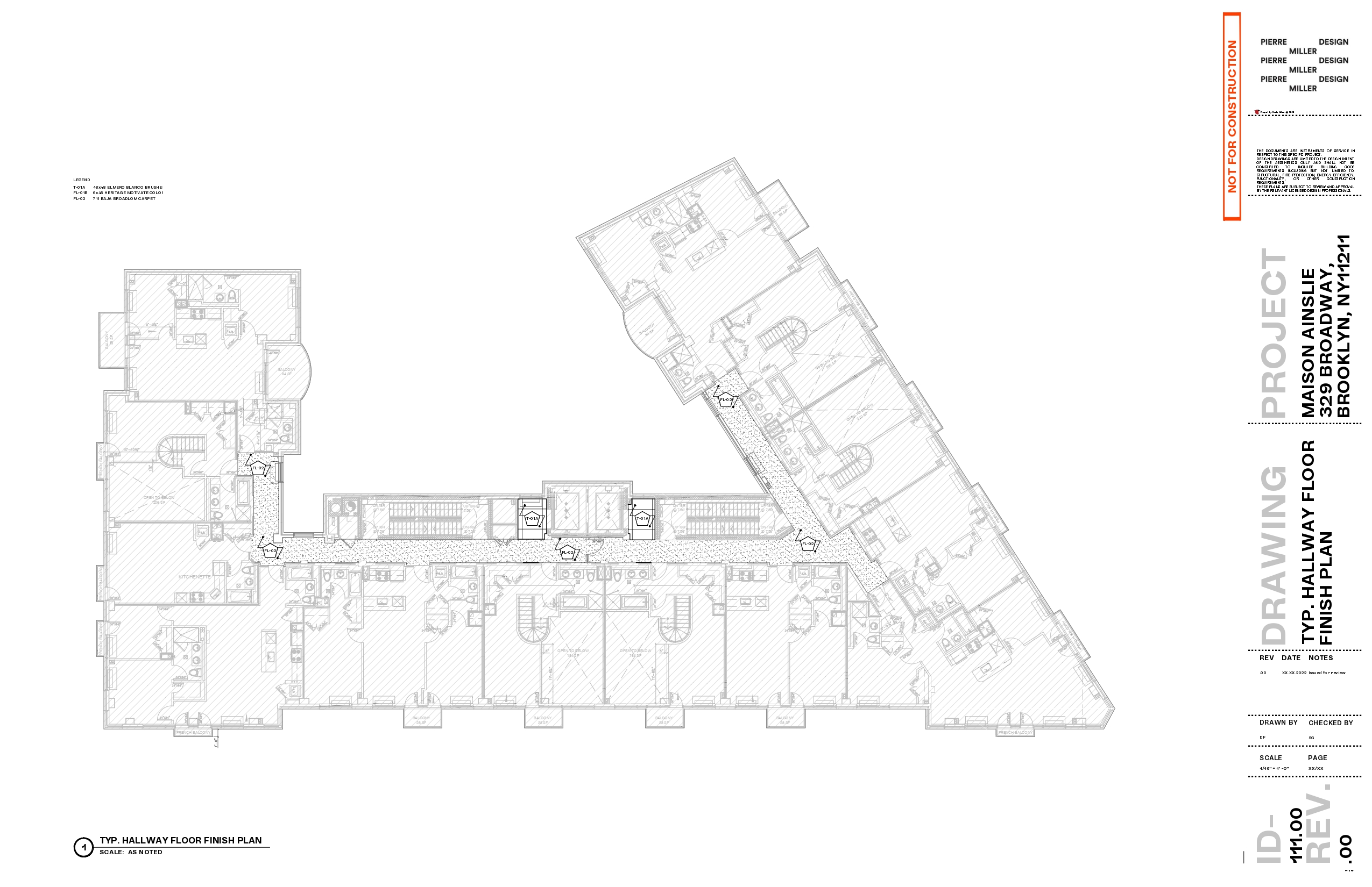 Typical hallway floor finish plan for Maison Ainslie with the corridor carpet hatch, finish legend and tagged material callouts at the elevator lobby
