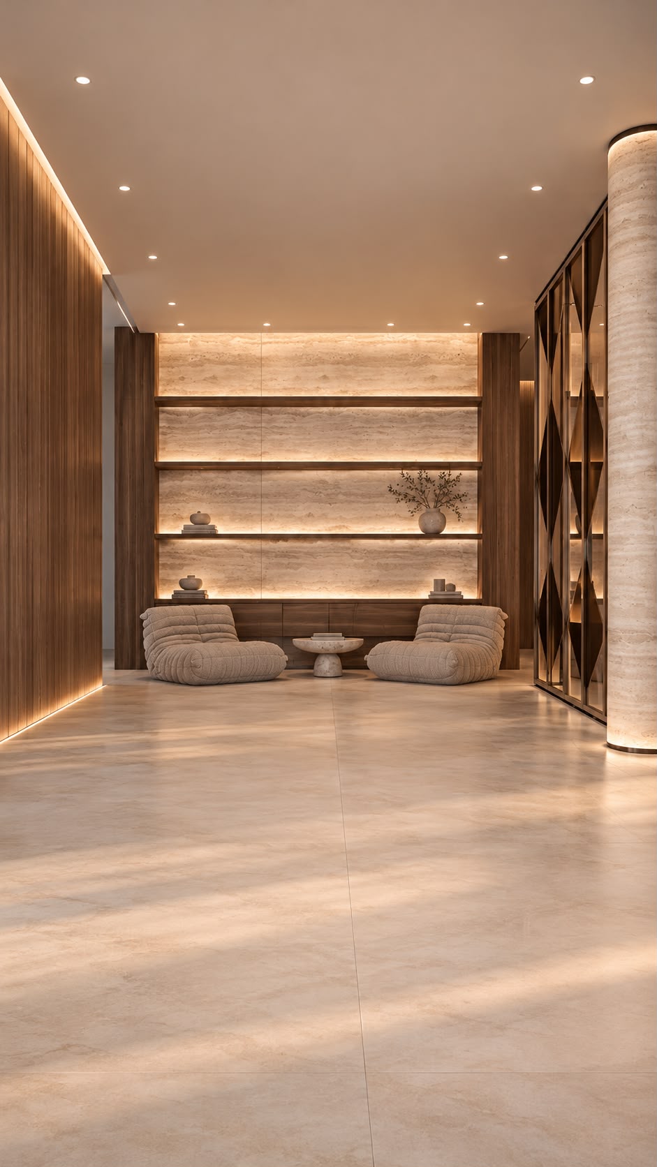 Symmetrical residents' lounge with two cream tufted lounge chairs flanking a round stone pedestal coffee table, a backlit dark-wood shelving wall on a textured stone backdrop, warm vertical wood panelling with a floor LED strip to the left and a backlit cylindrical stone column beside a diamond-grid glass partition on a pale stone floor
